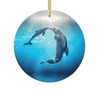 Ornements ronds en céramique avec motif de conte de dauphins en forme de baiser - Décorations en céramique imprimées adaptées pour les fêtes de vacances et les décorations de cheminée