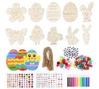 Ornements Suspendus en Bois de Pâques,264pcs Bricolage Artisanat de Pâques,Lapins en Bois à Pein avec de la Ficelle,Crayons Aquarelle, Yeux,Autocollants,Cloches,Pompons