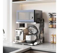 Ornestia Étagère de Rangement Extensible pour Micro-Ondes, 2 Niveaux Étagère de Cuisine Réglable en Métal et 6 Crochets, Support pour Four, Microwave Oven Storage Rack (Noir)