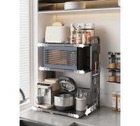 Ornestia Étagère de Rangement Extensible pour Micro-Ondes, 3 Niveaux Étagère de Cuisine Réglable en Métal et 6 Crochets, Support pour Four, Microwave Oven Storage Rack (Noir)