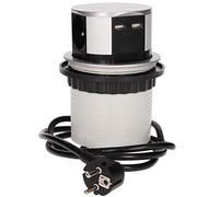 ORNO AE-1342 Bloc Multiprise Encastrable Escamotable, 3 Prises + 2X USB, 3680W Max, Ø10cm, Longueur de Câble de 1.5m, Prise de Courant de Type E