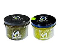 ORO BAILÉN - Perles d'Huile d'Olive Extra Vierge Espagnole (Variétés Picual et Arbequina) - Pack avec 2 pots en verre de 185 gr