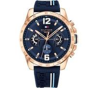 Tommy Hilfiger Montre Analogique Multifonction Quartz pour Hommes 46mm - Cadran Bleu Marine avec Bracelet en Silicone, Fonctions Jour, Date et 24 Heures, Résistante à l'eau 5ATM - 1791474
