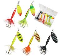 OROOTL Kit de leurres de pêche spinnerbait 5/10pcs Inline Spinnerbait avec plumes de coq hameçons triples cuillères Leurres pour bar, saumon, truite, appâts spinnerbait en métal dur avec boîte de