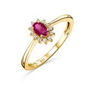 Orovi Bijoux pour Femmes Bague de Fiançailles en Or Jaune avec Pierre Précieuse/Pierre de Naissance ovale Rubis rouge naturel entouré de 12 Diamants Brillants 0.07 Ct Bague Fleur en Or 9 carats (375)
