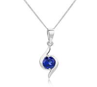 Orovi Collier Femme Or Blanc 9 Carats 375 avec Pierre Precieuse Saphir bleu rond, Bijoux Femme Or Hypoallergéniques- Pendentif et Chaîne 45 cm long Fait à la Main