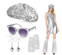 Orphh Costume Disco 6 Pièces pour Femme - Accessoires Béret et Paillettes, Chapeau, Lunettes Soleil, Boucles Oreilles, Jambières, Costumes Abba