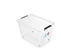 ORPLAST Lot de 6 boîtes à roulettes de 60 l avec couvercle/clips/roues - 58 x 39 x 35 cm - Transparent
