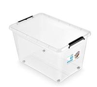 ORPLAST MOXOM Lot de 3 boîtes à roulettes 60 l avec couvercle/clips/roues - 58 x 39 x 35 cm - Transparent