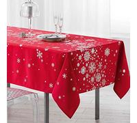 ORTCI Nappe Rectangulaire Rouge 3m x 1m50 en Polyester, Résistant aux Taches et au Plissement, Anti-Froissement, pour Table à Manger et Fêtes, Étoiles de Neige Argentées, Made in France