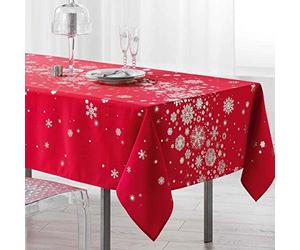 ORTCI Nappe Rectangulaire Rouge 3m x 1m50 en Polyester, Résistant aux Taches et au Plissement, Anti-Froissement, pour Table à Manger et Fêtes, Étoiles de Neige Argentées, Made in France