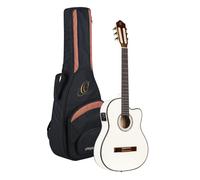 Ortega Guitars Guitare Classique Électro-Acoustique - 4/4, Slim Neck, Format Thinline - Family Series Pro - Housse Incluse - Épicéa Engelmann Massif / Acajou, Blanc (RCE145WH)
