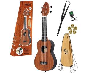Ortega Guitars Ukulélé Soprano acoustique - modèle gaucher - Keiki K2 - Kit de démarrage incluant Accordeur, Courroie, 5 Médiators Medium et Sac à cordon - acajou (K2-MAH-L)