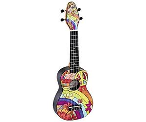 Ortega Guitars Ukulélé Soprano coloré - Keiki K2 - Kit de démarrage incluant Accordeur, Courroie, 5 Médiators Medium et Sac à cordon - peace '68 (K2-68)