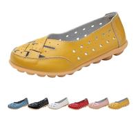 Orthopedic Loafers in Breathable Leather Womens Casual Lightweight Comfortable Hollow Soft Slip-on Flats Comfort Sandals Out Round Toe Fashion Loafer (Yellow,42)