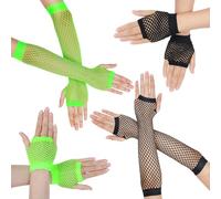 oruola Lot de 4 paires de gants en résille, mitaines et longs en résille, 2 tailles de mitaines longues et courtes en maille pour gothique, punk, années 80, accessoires de costume pour femmes et