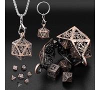 ORUZA Lot de 7 mini dés DND en métal avec collier creux en cuivre - Cube polyédrique - Porte-clés D&D portable - Pour Donjon et Dragons MTG RPG