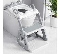 Orzbow Reducteur Toilette Enfant avec Marche, Stabiliser Rehausseur Toilette Enfant avec Structures Triangulaires, Pédale Allongée et Coussin en PVC, Antidérapant et Pliable, Grenouille, Gris