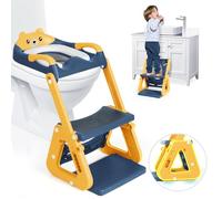 Orzbow Reducteur Toilette Enfant avec Marche, Stabiliser Rehausseur Toilette Enfant avec Structures Triangulaires, Pédale Allongée et Coussin en PVC Imperméable, Antidérapant, Bleu Jaunâtre