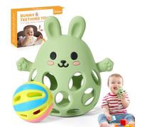 Orzbow Silicone Jeux Montessori, Polyvalent Jouet Bebe 0-3-6-9 Mois avec Un Hochet, Anneau Dentition Bebe avec Conception Ajourée, Facile Saisir & Nettoyer, Léger, Respirant, Vert Olive