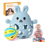 Orzbow Silicone Jeux Montessori, Polyvalent Jouet Bebe 0-3-6-9 Mois avec Un Hochet, Anneau Dentition Bebe avec Conception Ajourée, Facile Saisir & Nettoyer, Léger, Respirant, Bleu Grisâtre