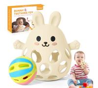 Orzbow Silicone Jeux Montessori, Polyvalent Jouet Bebe 0-3-6-9 Mois avec Un Hochet, Anneau Dentition Bebe avec Conception Ajourée, Facile Saisir & Nettoyer, Léger, Respirant, Crème