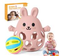 Orzbow Silicone Jeux Montessori, Polyvalent Jouet Bebe 0-3-6-9 Mois avec Un Hochet, Anneau Dentition Bebe avec Conception Ajourée, Facile Saisir & Nettoyer, Léger, Respirant, Rose Chair