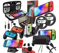Orzly Kit d'accessoires conçu pour Les Accessoires Nintendo Switch Geeks et boîtier de Console OLED et Protecteur d'écran, poignées Joycon et Roues pour Un Jeu amélioré et Plus Encore - Noir de Jais