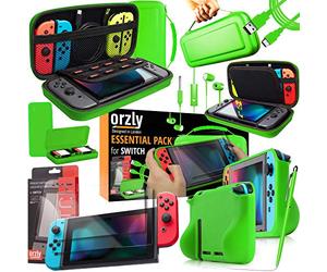 Orzly Nintendo Switch Accessoire, Pack de (Étui Rigide pour Switch, Protecteurs d'écran en Verre Trempé, Câble Type C, Coque Comfort Grip, Écouteur, Stylo, Boite de Jeux) Vert