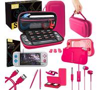 Orzly Switch Lite Accessoire Pack pour Nintendo Switch Lite (2019) Pack Comprenant: Protecteurs d'écran en Verre Trempé, Câble Type C, Housse [Étui Rigide], Coque Comfort Grip Case et Plus... - Rose