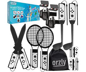 Orzly Switch Sports 2024 Bundle Pack pour Nintendo Switch et OLED - Raquettes de tennis, clubs de golf, épées Chambara, sangles de jambe de football et poignées Joycon - Sac de transport - Noir uni