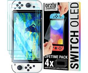 Orzly Verre Trempé Protection compatible pour Nintendo Switch OLED model 2024 console, Film Protecteur D'écran pour Nintendo Switch OLED - 4 Pièces
