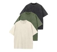 OSACOD Lot de 3 t-shirts surdimensionnés en coton pour homme - Vintage - Unisexe - Manches courtes - Décontracté - Délavé - Basique - Streetwear baggy, Noir + beige + vert militaire, Taille M