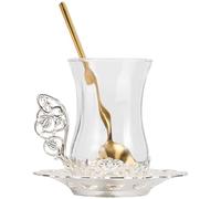 OSALADI Ensemble 3 Pièces Tasse à Café Vintage en Verre Transparent avec Soucoupe Argentée, Service Café et Thé Résistant la Chaleur pour Maison et Bureau, Tasse à Lait et Boisson Chaude