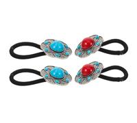 OSALADI Lot de 4 Élastiques Ethniques à Fleurs en Cordelette Élastique Ultra-Résistante Motifs Lotus Pierres Colorées Bleu et Rouge Accessoires de Coiffure Bohèmes pour Femmes et