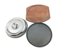 OSALADI Plat à Rôtir Teppanyaki 21 Cm en Métal Planche en Bois et Couvercle, Plateau de Barbecue Rond pour Steak, Cuisson Plancha et Service, Jardin et Restaurant