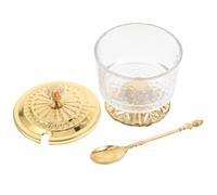 OSALADI Sucrier en Verre Transparent avec Couvercle et Cuillère Pot à Sucre Multifonctionnel pour Sel et Épices Récipient Cuisine Décoratif en Fer Doré Maison Salon 1 Pièce