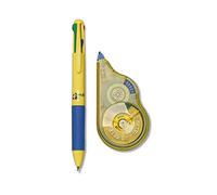 Osama - Correcteur Blanc à Ruban, 20 M + Stylo 4 Couleur Bille, Pointe Fine 1 mm - Kit pour Papeterie Bureau et Fourniture Scolaire - Set Effaceur et Stylo Couleur pour Écrire sans Erreur, Jaune/Bleu