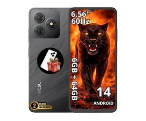 OSCAL Flat 2C Smartphone, Android 14 Go, 6 Go+64 Go (Jusqu’à 2 to TF), Écran 6,56″ HD+ IPS 60 Hz, Octa-Core Unisoc T603, Caméra 13+8 MP, Batterie 5000 mAh, Dual SIM/GPS/Face Fill Light, Noir Fantôme