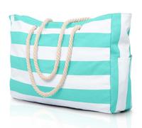oscaurt Sac de plage à rayures - Sac de plage étanche - Grand sac de plage avec fermeture éclair - Sac de shopping pour femme - XXL - Famille - Sac de courses - Sac à bandoulière - Uni - Sac de voyage