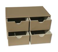 OSCO Commode à 4 tiroirs en similicuir taupe clair | Organiseur de papeterie | Empilable | Boîte à maquillage | Boîte à bijoux | Pas de format A4 | H 18,5 x l 33 x P 20,5 cm |