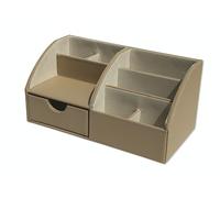 OSCO Organiseur de bureau en similicuir taupe clair avec tiroir | Rangement de bureau | Porte-stylos | Conteneur de maquillage | Rangement pour crayons | 8 compartiments | Organiseur de papeterie | H