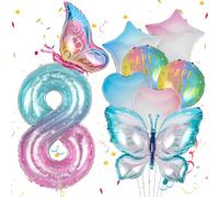 OSDUE Ballon Decoration Papillon 8 Ans, 11 Pieces Décoration d'anniversaire pour fille, Ballon aluminium papillons colorés, Happy Birthday Decoration Ballons avec Petites Pailles et Petits Rubans