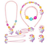 OSDUE Bijoux Enfants Fille, Rose Licorne Ensemble de Bijoux, Petites Filles Collier Bracelet Bague Boucles d'oreilles Epingle à Cheveux Set 10 Pièces, Princesse Bijoux Anniversaire Cadeau 3-9 Ans