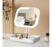 OSDUE Miroir de Maquillage Éclairé avec 3 Lumières de Couleur, Miroir Grossissant 10X/1X Détachable Réglage d’Éclairage Smart Rechargeable USB Rotation 360° Miroir de Voyage pour Chambre, Bureaux