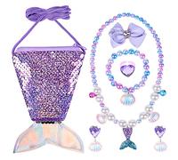 OSDUE Sirène Sac a Main Fille Bijoux, Collier Bracelet des Boucles d'oreilles Bagues Kit Bijoux Princesse Parure Accessoire Anniversaire Cadeau 7pcs