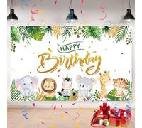 OSDUE Toile de Fond sur Le Thème des Animaux de La Jungle, Joyeux Anniversaire Toile de Fond, Enfants Bébé Douche Photo Fête Fond Bannière, Décoration de Fête d'anniversaire, 1,8 x 1,1 m, Animaux