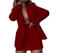 Osheoiso 2 Pièces Ensemble Femme Elégant Blazer Tailleur + Jupe OL Bureau Chic Slim Fit Veste de Costume Mode Jupe Crayon Manteau Blouson Casual pour Travail Business A Vin Rouge L