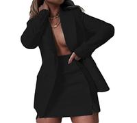Osheoiso 2 Pièces Ensemble Femme Vintage Blazer Tailleur + Jupe OL Bureau Chic Slim Fit Veste de Costume Mode Jupe Crayon Manteau Blouson Casual pour Travail Business A Noir XL