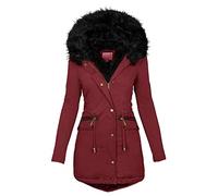 Osheoiso Chaude Manteau Femme Doudoune à Capuche Manche Elegant Longue Veste Devant Ouvert Poches Outwear Casual Chaud Tops C Vin Rouge L